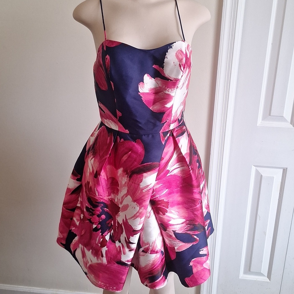 ​BCX NWT Pink Floral Navy Fit Flare Dress Sz 7 Juniors Party Prom Wedding Guest - Picture 2 of 6
